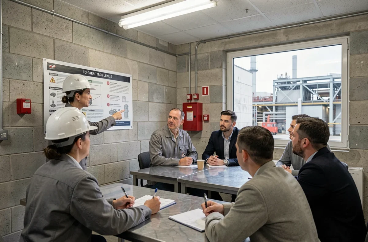 Formatrice en sécurité industrielle de l'ADEFIM Artois Douaisis présentant des procédures à des ouvriers dans une salle de formation attenante à une usine