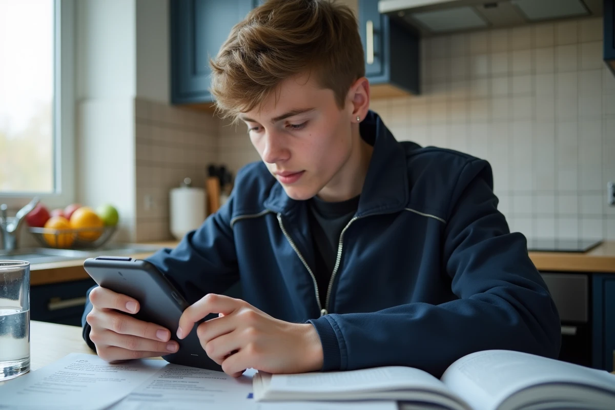 Adolescent préparant le code de la route sur smartphone avec un manuel imprimé dans une cuisine