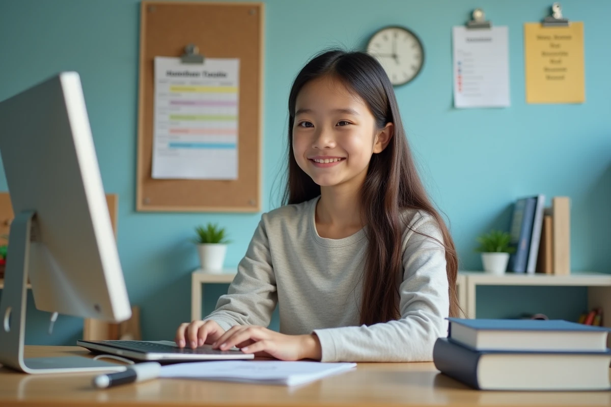 Adolescente accédant à son espace numérique de travail ENT depuis son bureau dans sa chambre