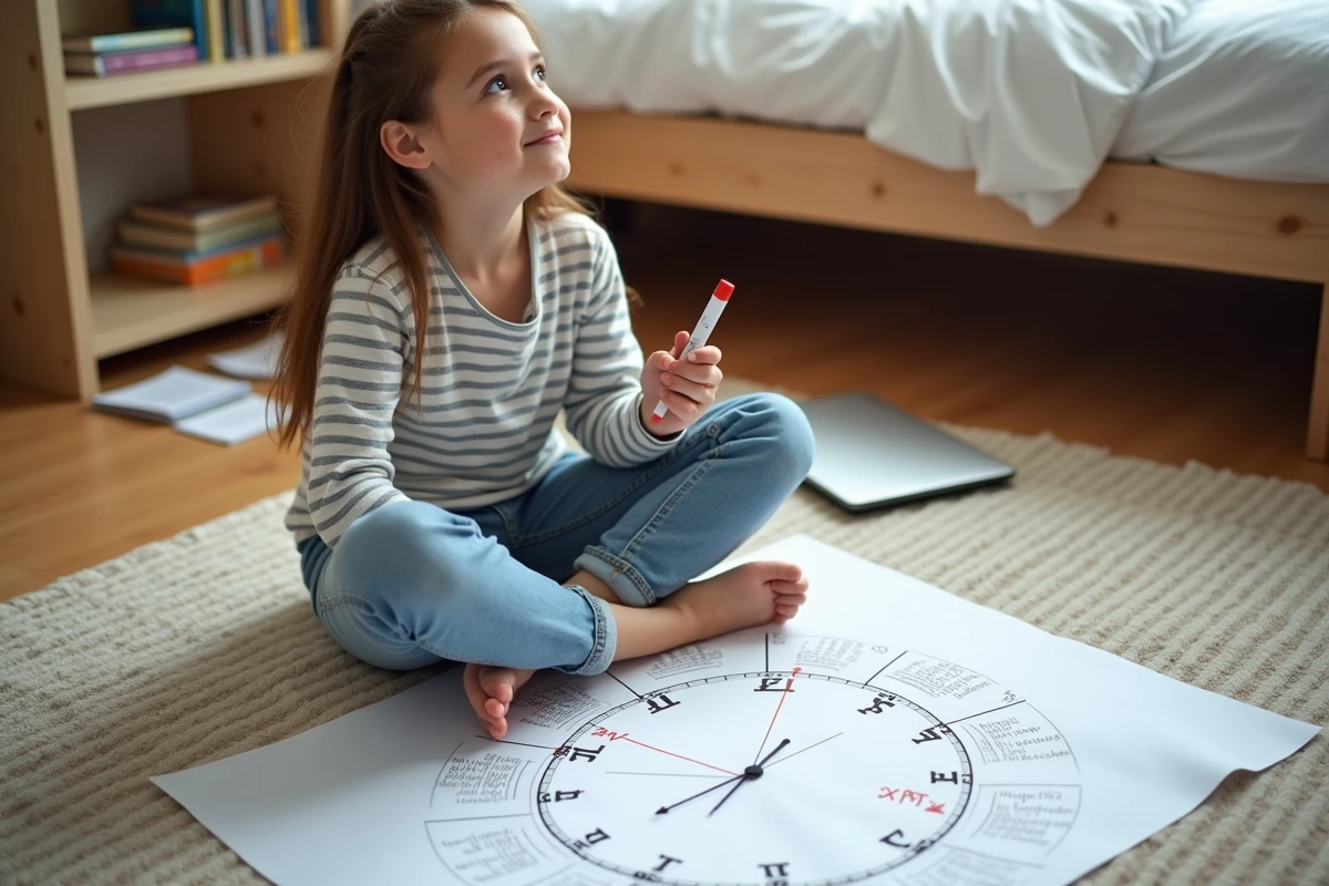 Adolescente étudiant un schéma illustrant les notions AM et PM en anglais sur le sol de sa chambre
