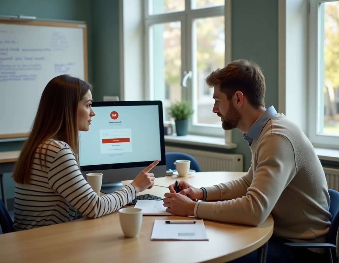 Deux personnels éducatifs, AED et contractuel, consultent ensemble l'interface de connexion à la messagerie académique de Strasbourg
