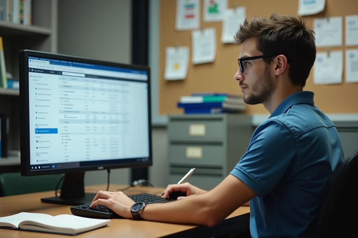 Assistant d'éducation consultant le logiciel Esterel sur un ordinateur de bureau dans un bureau administratif scolaire