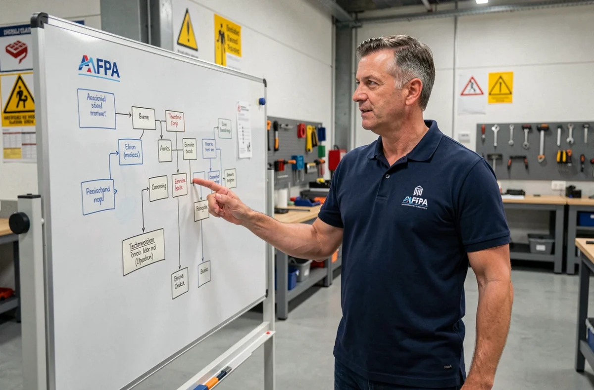 Formateur de l'AFPA debout devant un tableau interactif dans un centre de formation professionnelle équipé d'ateliers techniques
