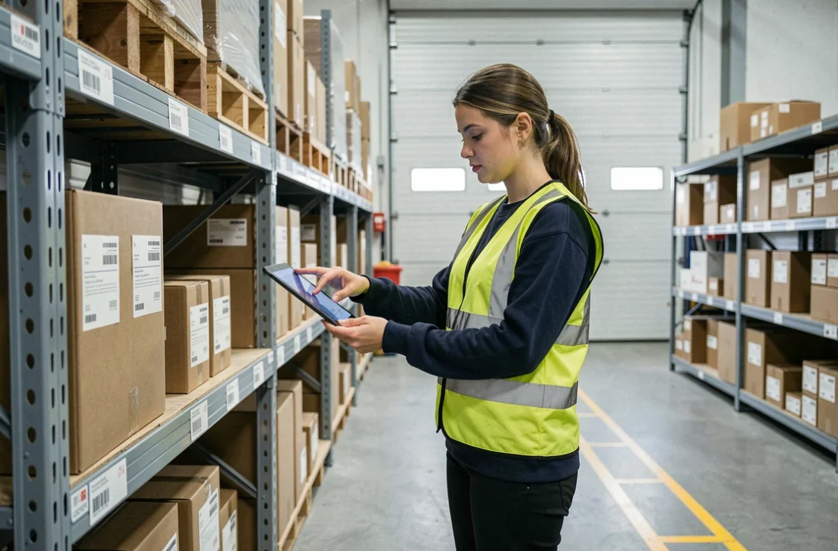 Apprentie logisticienne en formation chez AFTRAL, scannant des marchandises dans un entrepôt pédagogique avec tablette numérique