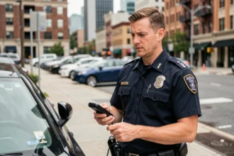 Agent de surveillance de la voie publique ASVP en uniforme inspectant un stationnement en zone urbaine