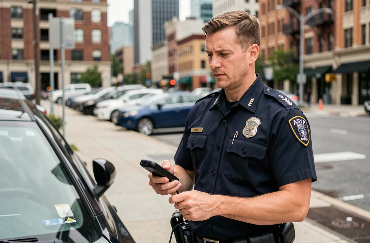 Agent de surveillance de la voie publique ASVP en uniforme inspectant un stationnement en zone urbaine