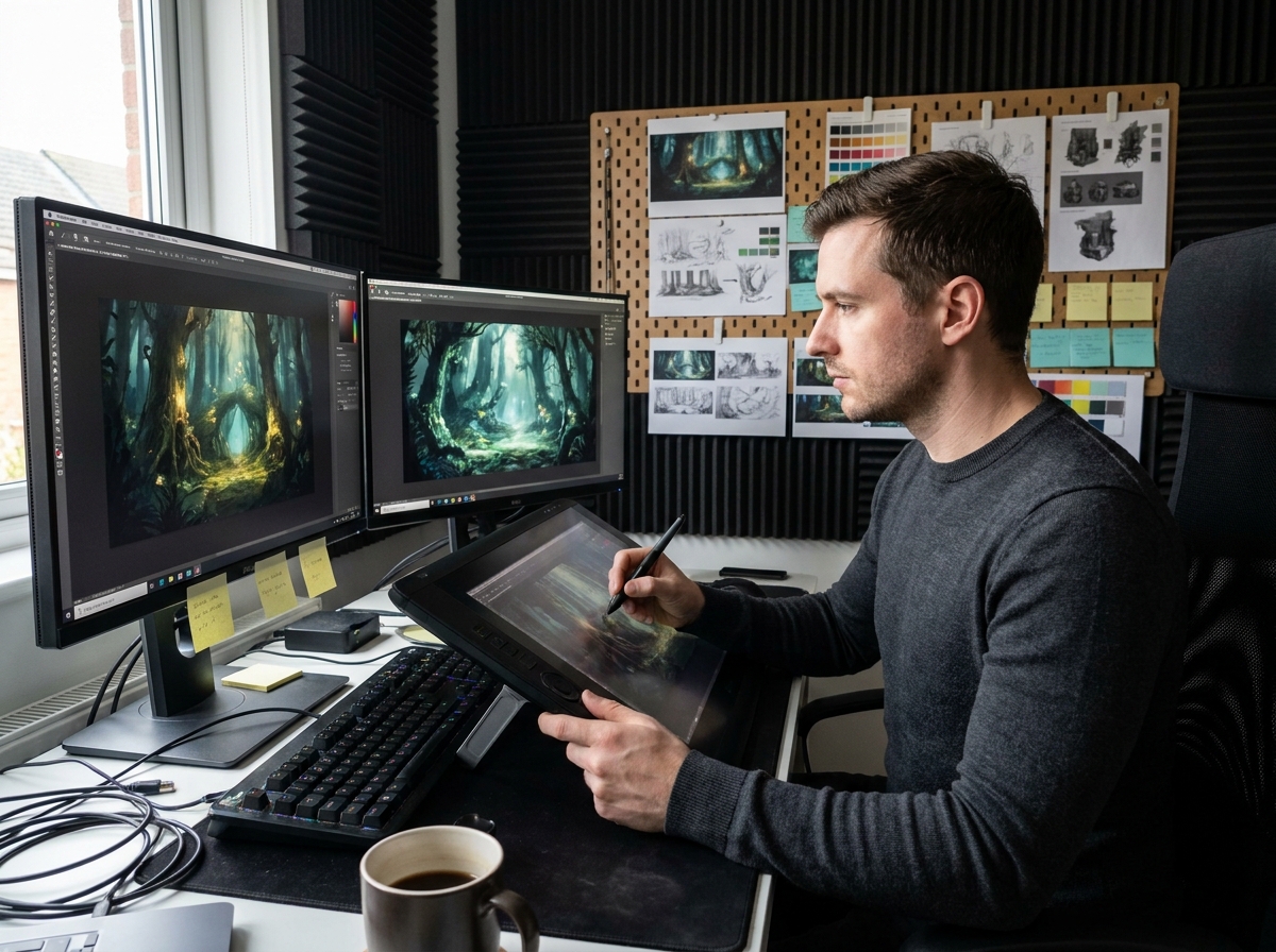 Artiste concept art travaillant sur ordinateur avec une tablette graphique dans un bureau à domicile moderne, entouré de croquis imprimés