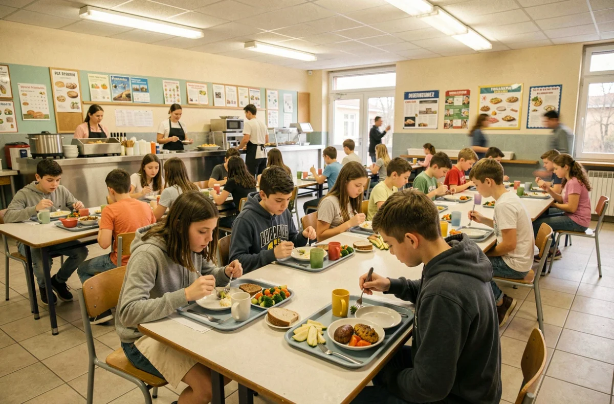 Cantine scolaire animée du Collège Braque de Dieppe avec des élèves déjeunant en groupe