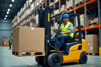 Cariste avec CACES 1 et 3 conduisant un chariot élévateur dans un entrepôt logistique moderne
