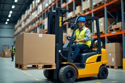 Cariste avec CACES 1 et 3 conduisant un chariot élévateur dans un entrepôt logistique moderne