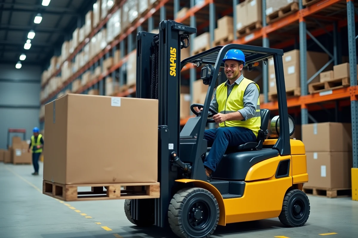 Cariste avec CACES 1 et 3 conduisant un chariot élévateur dans un entrepôt logistique moderne