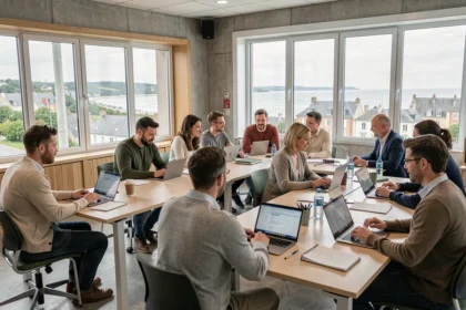 Groupe d'adultes en formation professionnelle dans un centre moderne du Morbihan