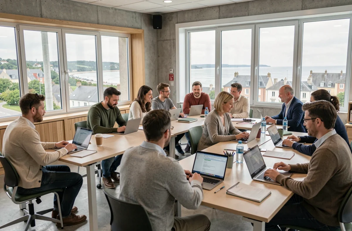 Groupe d'adultes en formation professionnelle dans un centre moderne du Morbihan