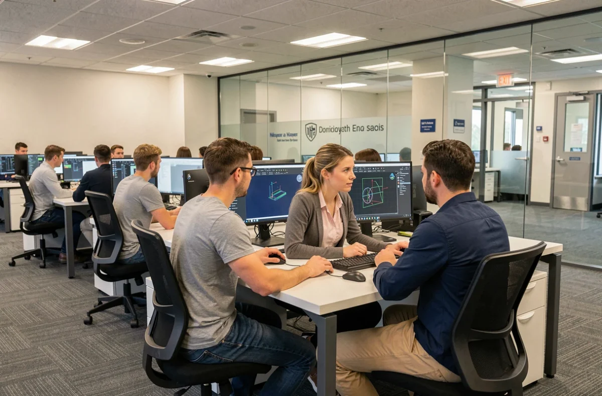 Groupe d'étudiants adultes en ingénierie travaillant sur des postes informatiques double écran dans un laboratoire moderne du CESI