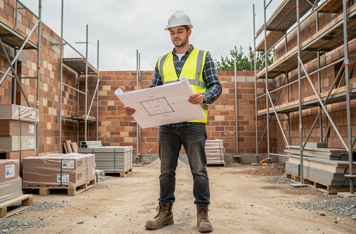 Apprenti du CFA BTP Bouches-du-Rhône en tenue de chantier avec des plans de construction