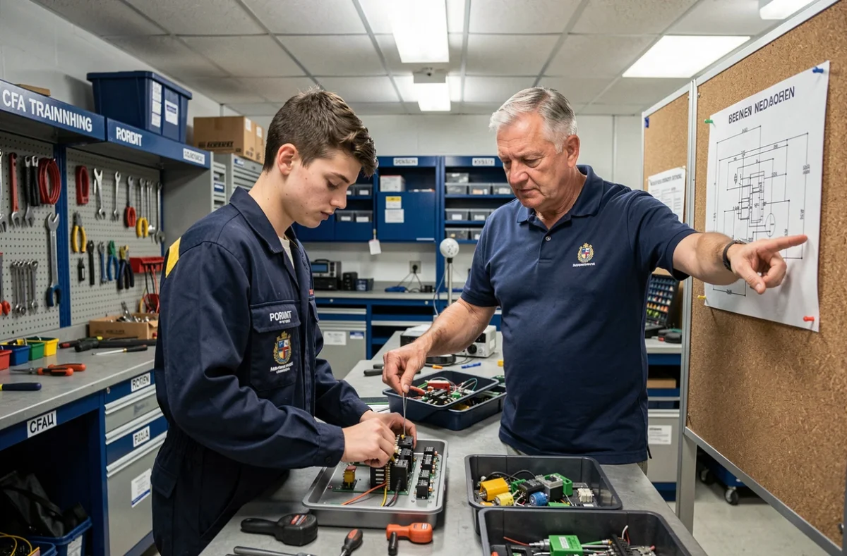 Apprenti du CFA de la Ville de Lorient en atelier d'électricité sous supervision