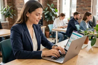 Jeune femme consultant une plateforme de formation digitale sur un ordinateur portable dans un espace de coworking parisien