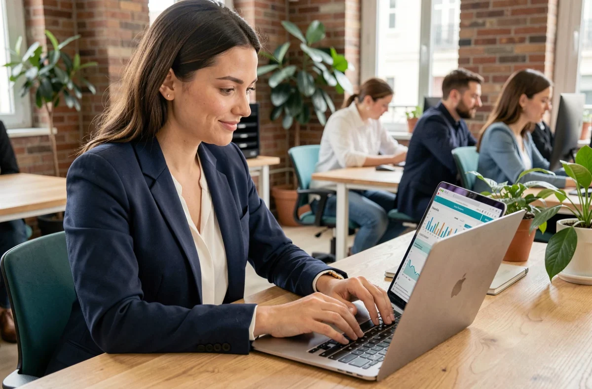 Jeune femme consultant une plateforme de formation digitale sur un ordinateur portable dans un espace de coworking parisien