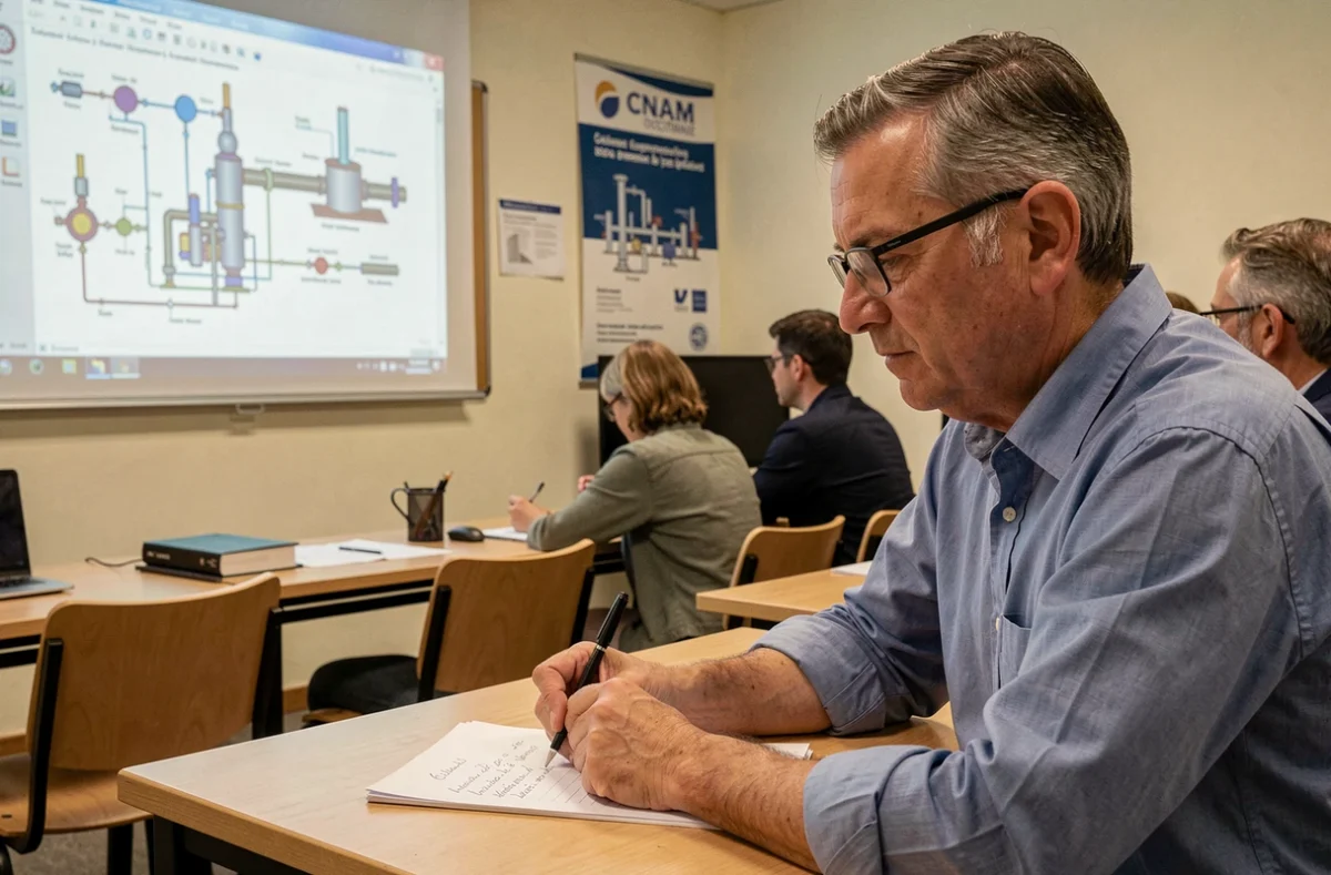 Étudiant adulte du CNAM Occitanie prenant des notes lors d'un cours du soir en ingénierie dans une salle de formation