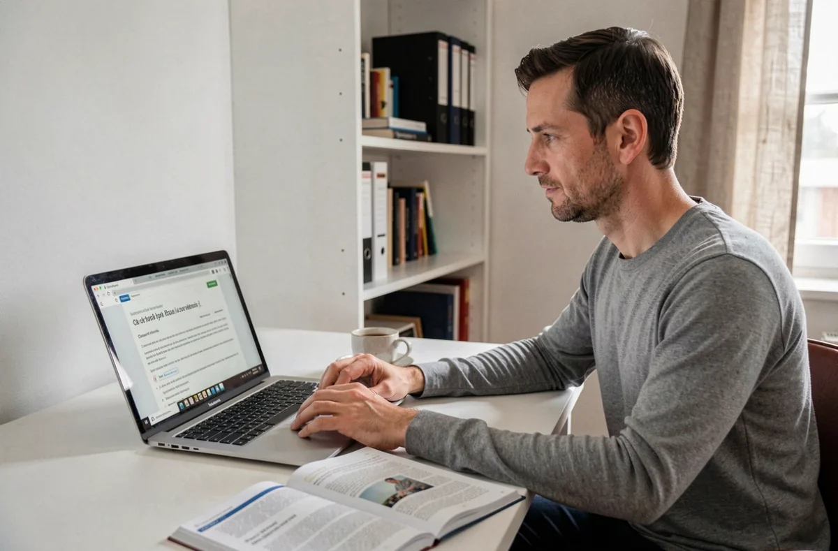 Homme adulte suivant une formation à distance du CNED sur ordinateur portable depuis son bureau à domicile, avec un livret de cours imprimé ouvert