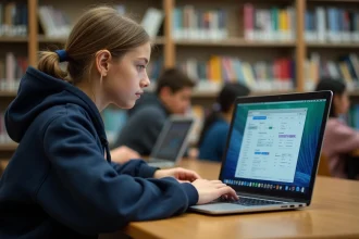 Collégienne explorant un bureau numérique sur un ordinateur portable dans une bibliothèque scolaire