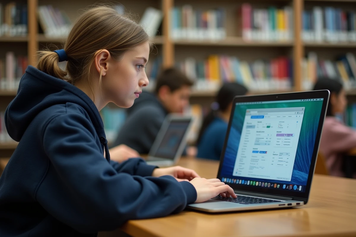 Collégienne explorant un bureau numérique sur un ordinateur portable dans une bibliothèque scolaire