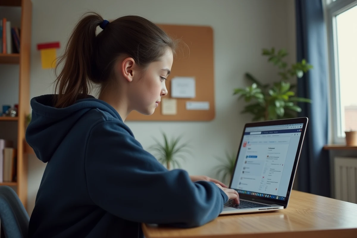 Collégienne consultant l'ENT Touraine sur son ordinateur portable dans sa chambre pour suivre ses notes et devoirs