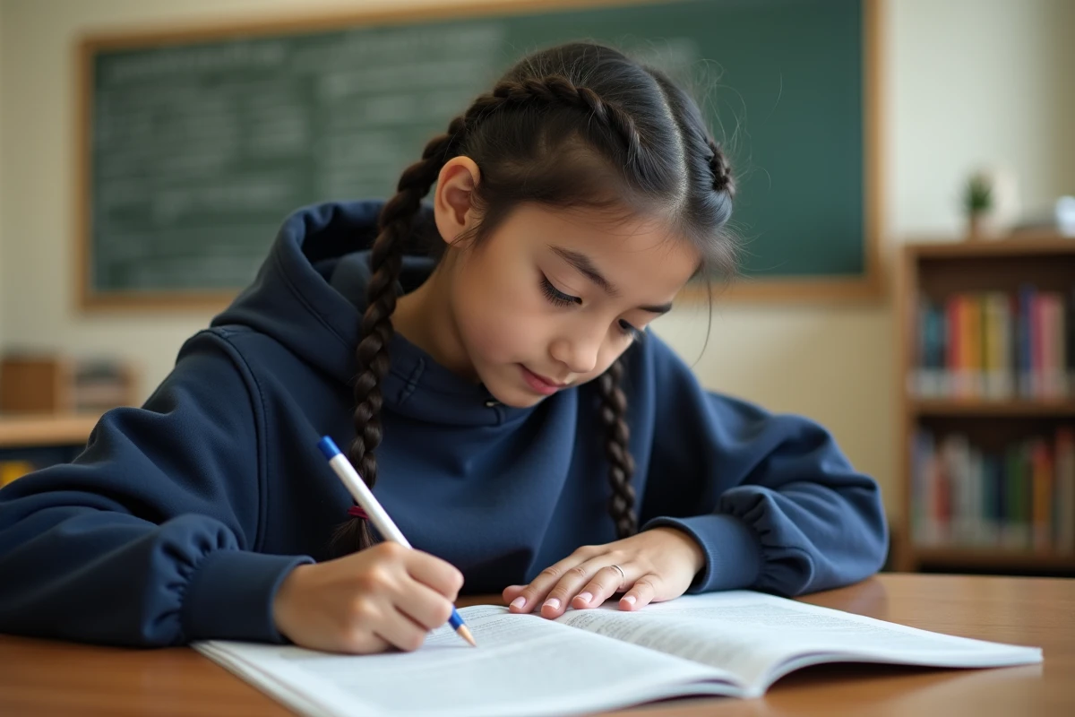 Collégienne lisant attentivement un texte Fluence adapté aux lecteurs fragiles dans une salle de classe