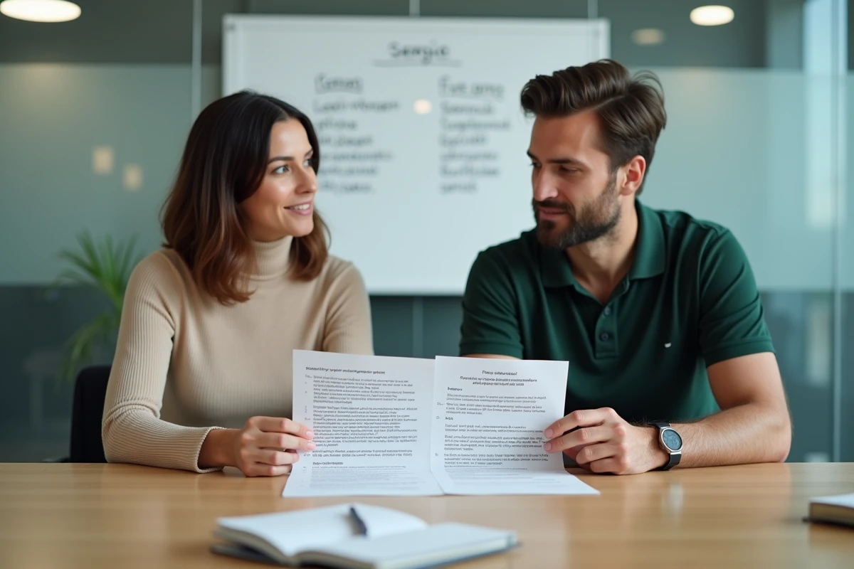 Deux collègues discutant d'une correspondance professionnelle en espagnol au futur lors d'une réunion en salle de conférence