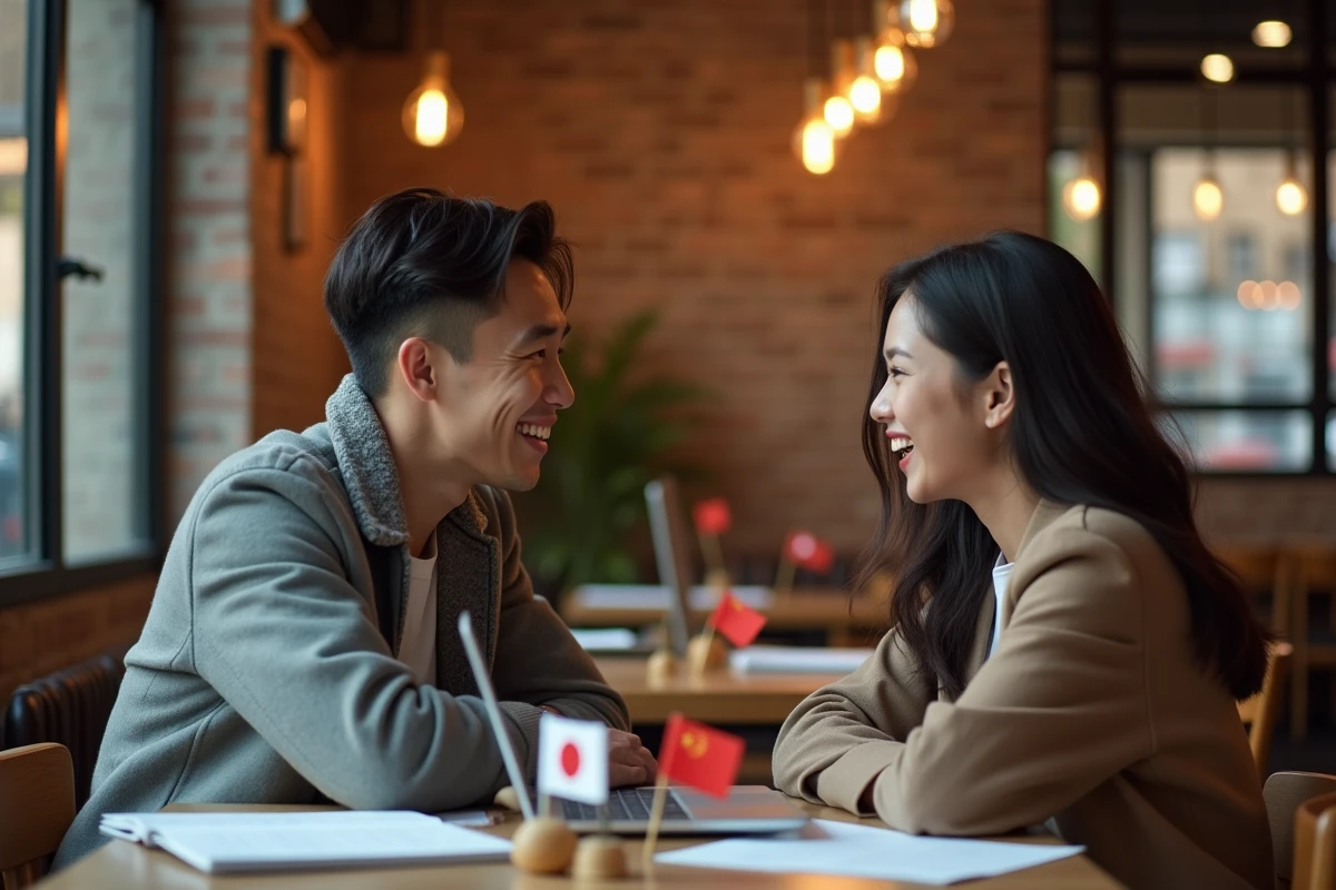 Deux collègues discutant du choix entre apprendre le japonais ou le chinois dans un café urbain