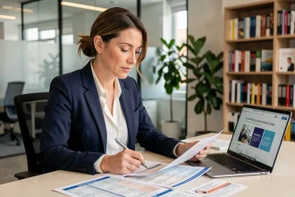 Femme professionnelle comparant les tarifs d'abonnement magazine ZoneFormationBusiness sur des documents imprimés dans un bureau moderne