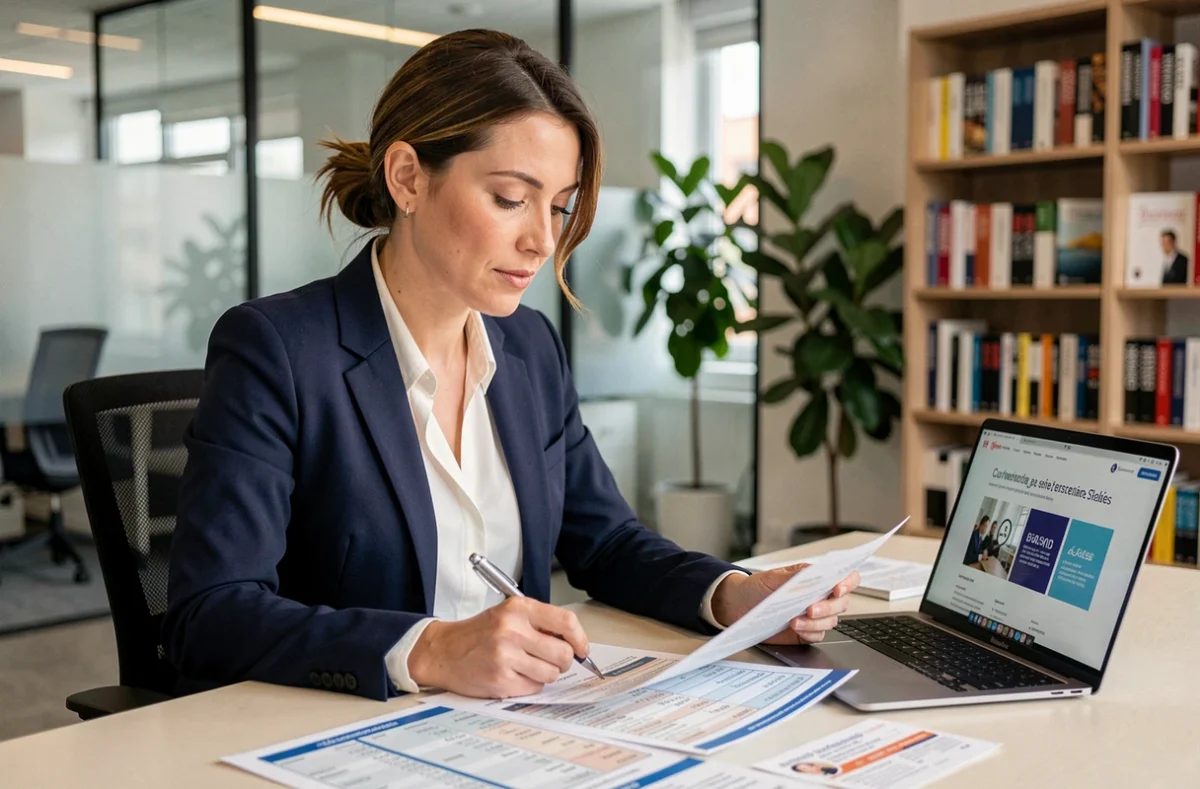 Femme professionnelle comparant les tarifs d'abonnement magazine ZoneFormationBusiness sur des documents imprimés dans un bureau moderne