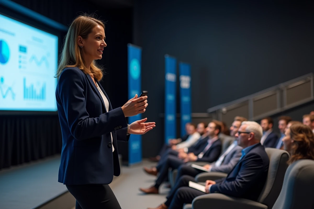 Conférencière experte en marketing digital prenant la parole lors d'un événement professionnel à Paris devant un auditoire attentif