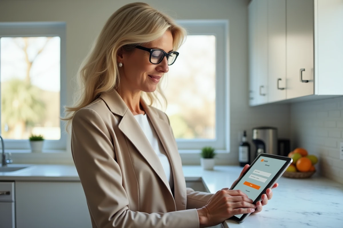 Femme se connectant à la plateforme Egreta Moodle depuis chez elle sur une tablette