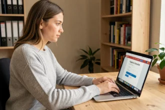 Jeune femme connectée à un portail éducatif ENT sur ordinateur portable depuis son bureau à domicile