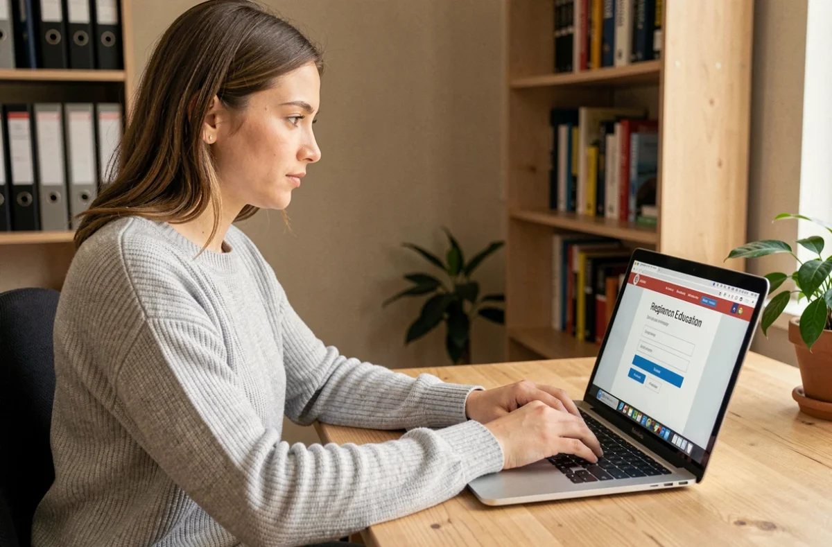 Jeune femme connectée à un portail éducatif ENT sur ordinateur portable depuis son bureau à domicile