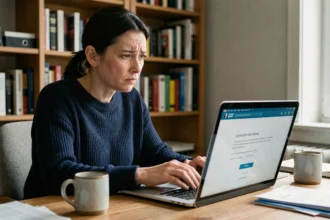 Femme frustrée devant un écran d'erreur de connexion sur son ordinateur portable dans un bureau à domicile