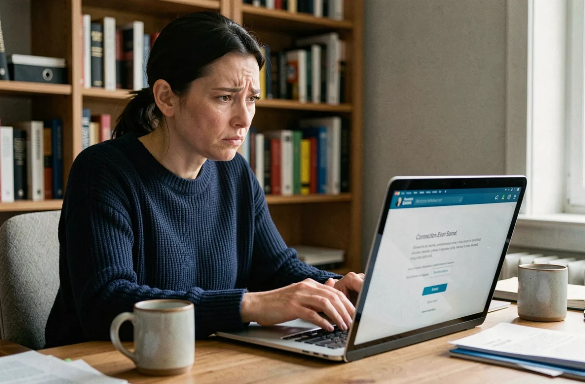 Femme frustrée devant un écran d'erreur de connexion sur son ordinateur portable dans un bureau à domicile
