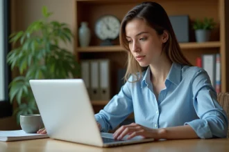 Femme connectée à un portail scolaire académique sur un ordinateur portable dans un bureau à domicile