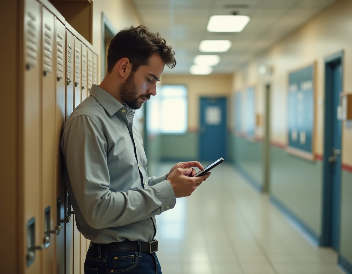 Un contractuel de l'Éducation nationale consulte sa messagerie académique sur son smartphone dans un couloir d'école à Strasbourg