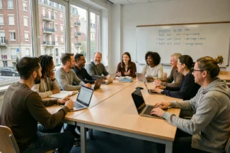 Groupe d'adultes diversifiés suivant un cours d'anglais dans une école de langues en Seine-Saint-Denis