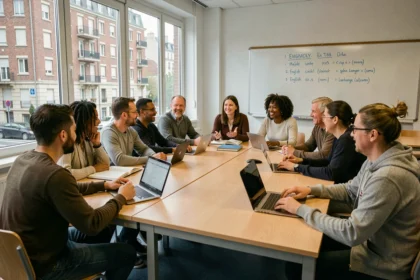 Groupe d'adultes diversifiés suivant un cours d'anglais dans une école de langues en Seine-Saint-Denis