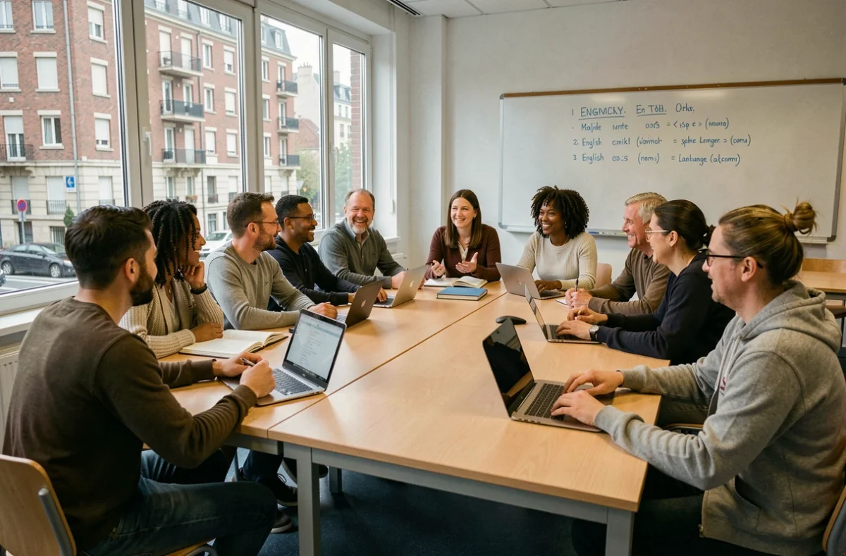 Groupe d'adultes diversifiés suivant un cours d'anglais dans une école de langues en Seine-Saint-Denis