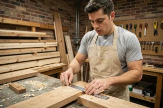 Jeune débutant en formation menuiserie mesurant une planche en bois dans un atelier professionnel