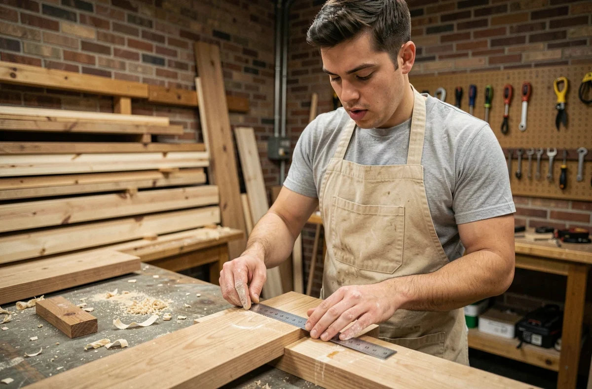 Jeune débutant en formation menuiserie mesurant une planche en bois dans un atelier professionnel