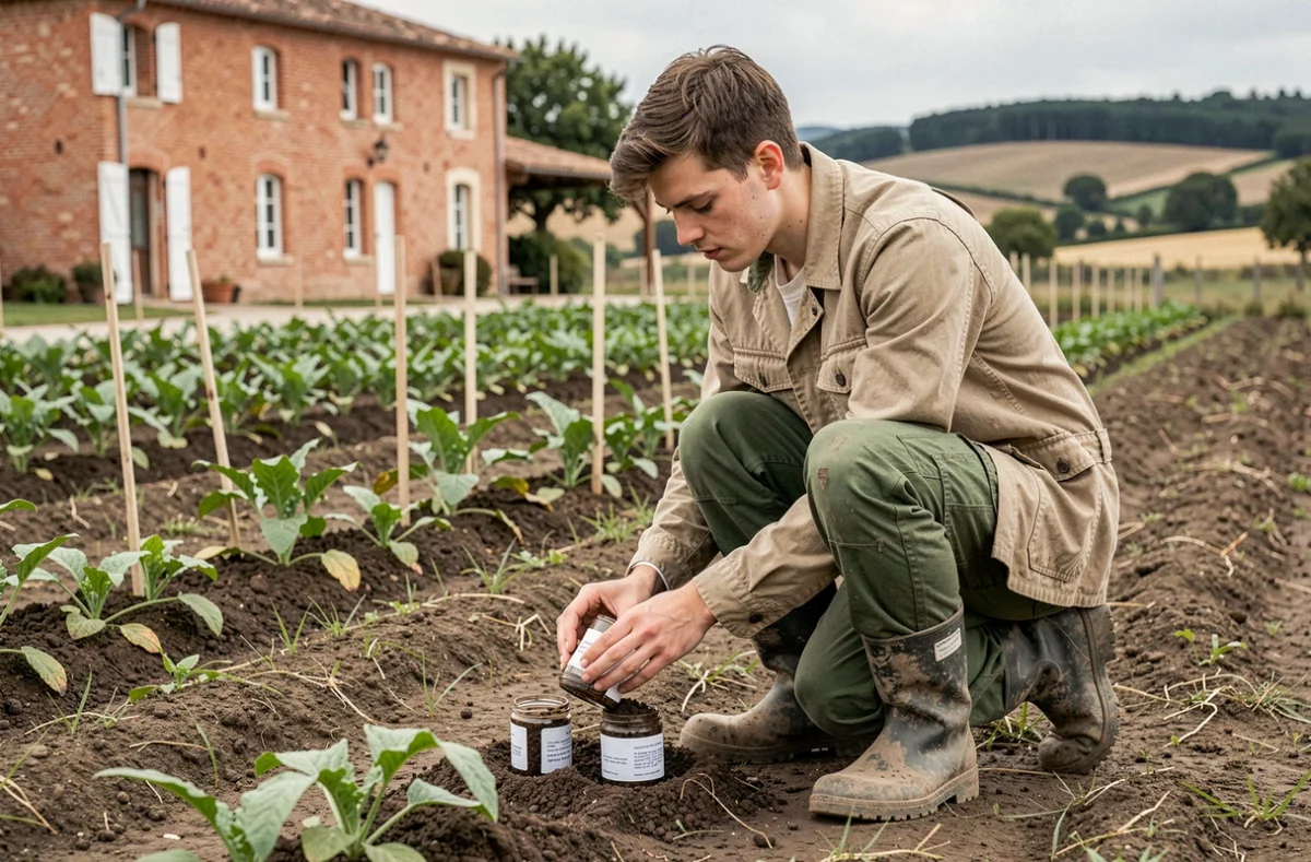 Étudiant agronome de l'École d'Ingénieurs de Purpan collectant des échantillons de sol dans une parcelle expérimentale agricole près de Toulouse