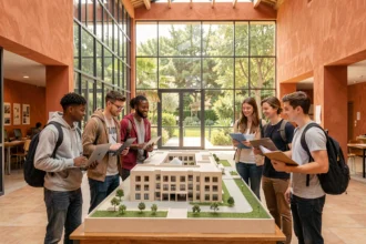 Étudiants en école d'ingénieurs en Occitanie réunis autour d'une maquette architecturale dans un atrium universitaire