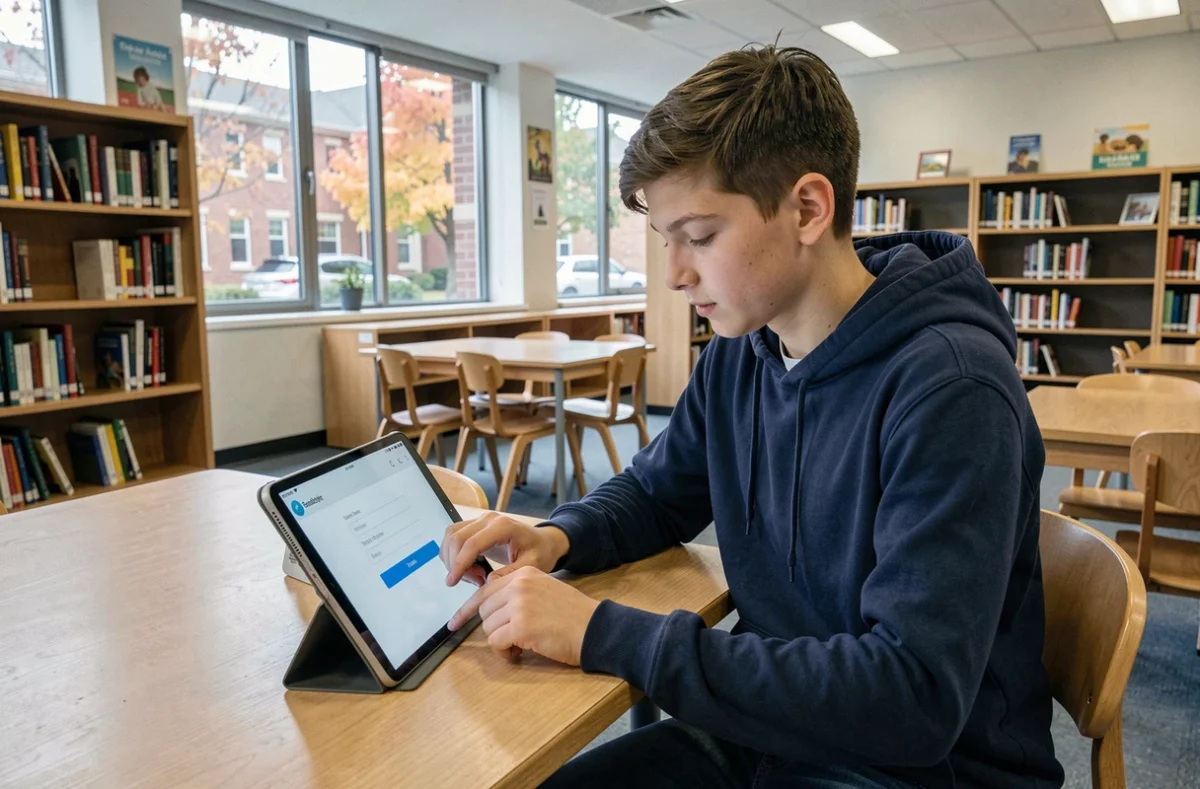 Adolescent se connectant à l'ENT Île-de-France sur tablette dans une bibliothèque scolaire