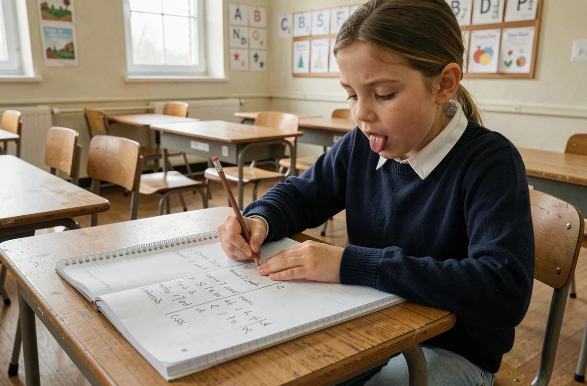 Jeune élève de CE2 concentrée sur un tableau de conversion écrit dans son cahier de mathématiques en classe