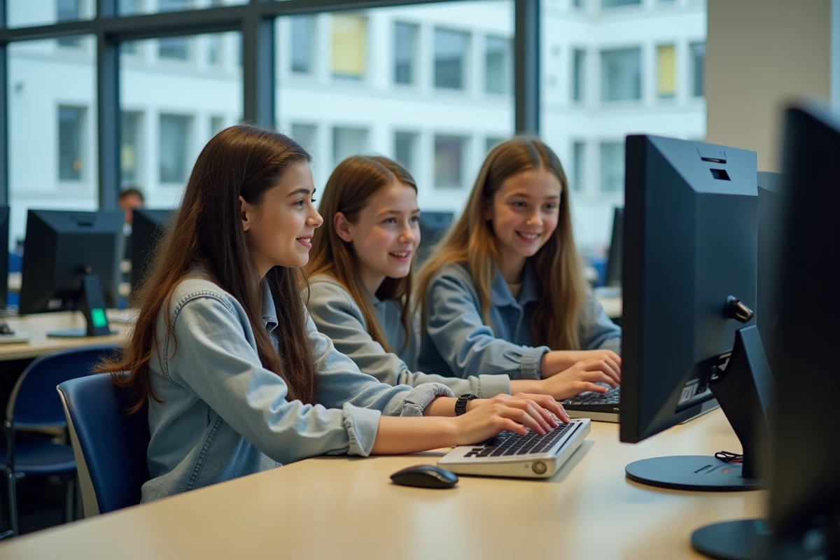 Groupe d'élèves de collège et lycée collaborant sur un bureau numérique en salle informatique